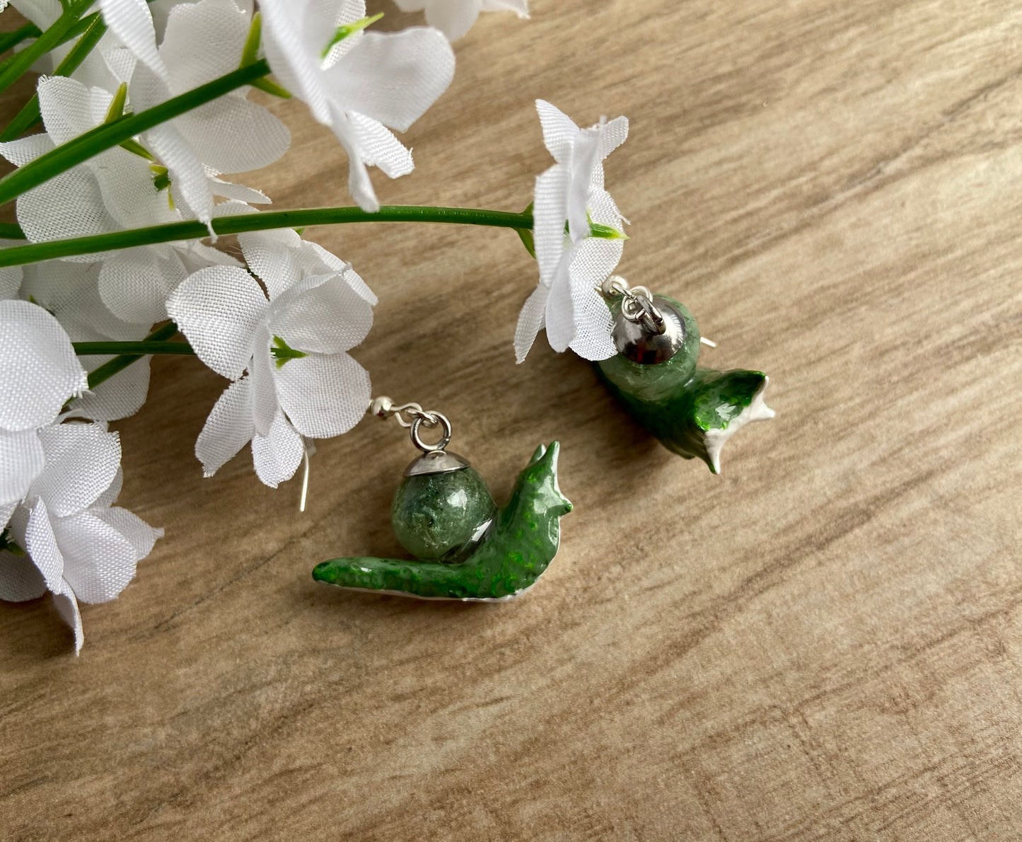 Liquid Core Moss Agate Snail Earrings