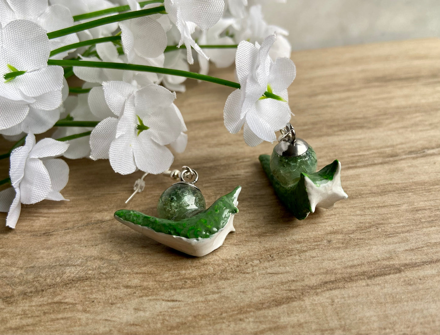 Liquid Core Moss Agate Snail Earrings
