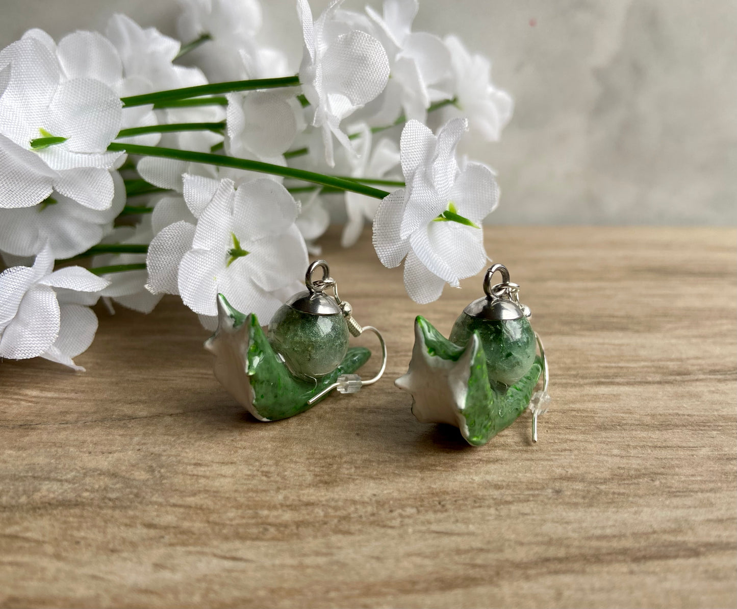Liquid Core Moss Agate Snail Earrings