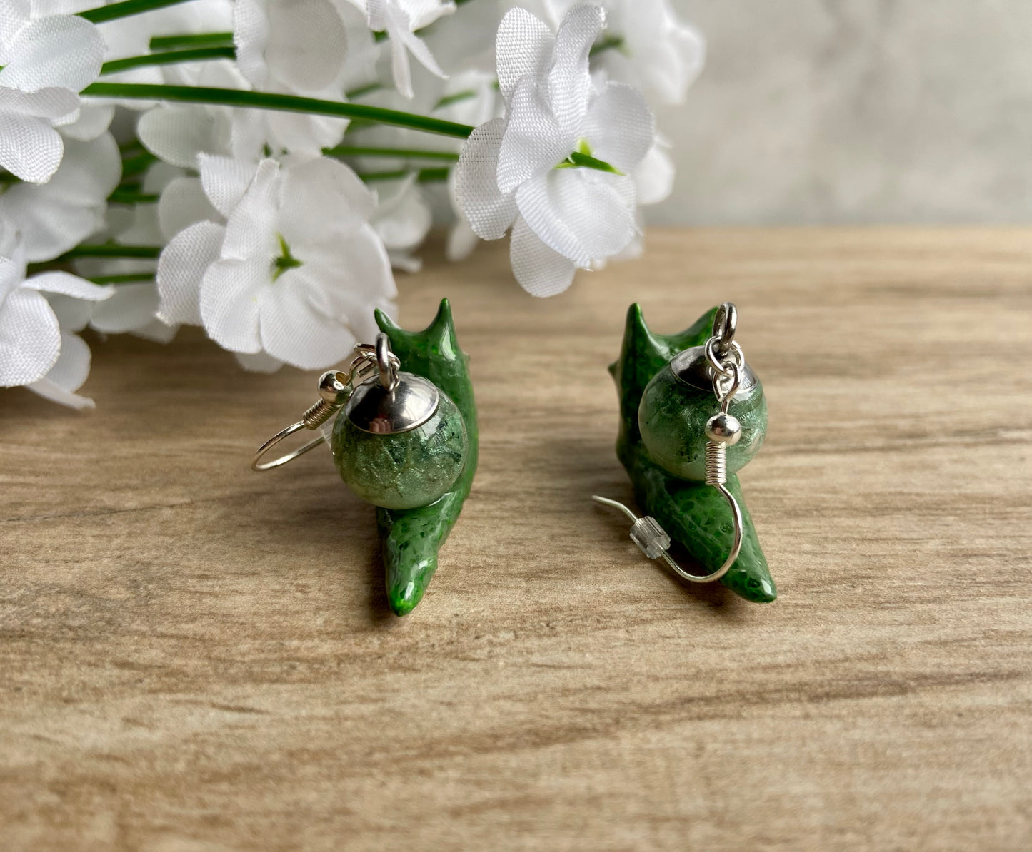Liquid Core Moss Agate Snail Earrings