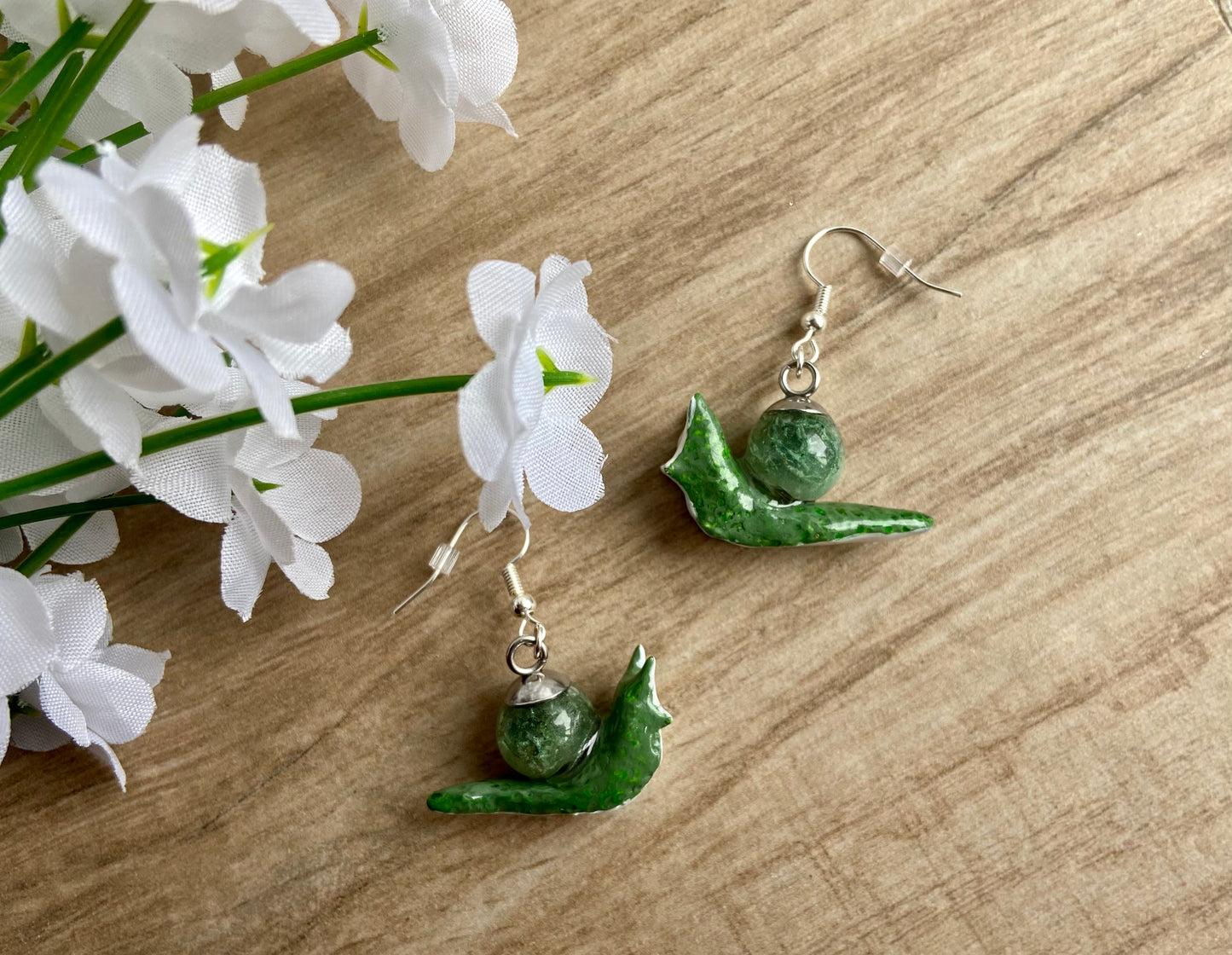 Liquid Core Moss Agate Snail Earrings